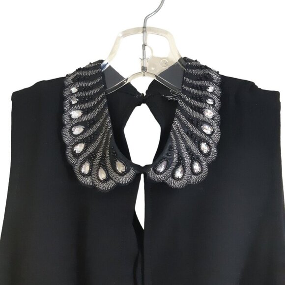 Badgley Mischka Studio Dress S Jeweled Peter Pan Collar Black Sleeveless Shift - Picture 2 of 5